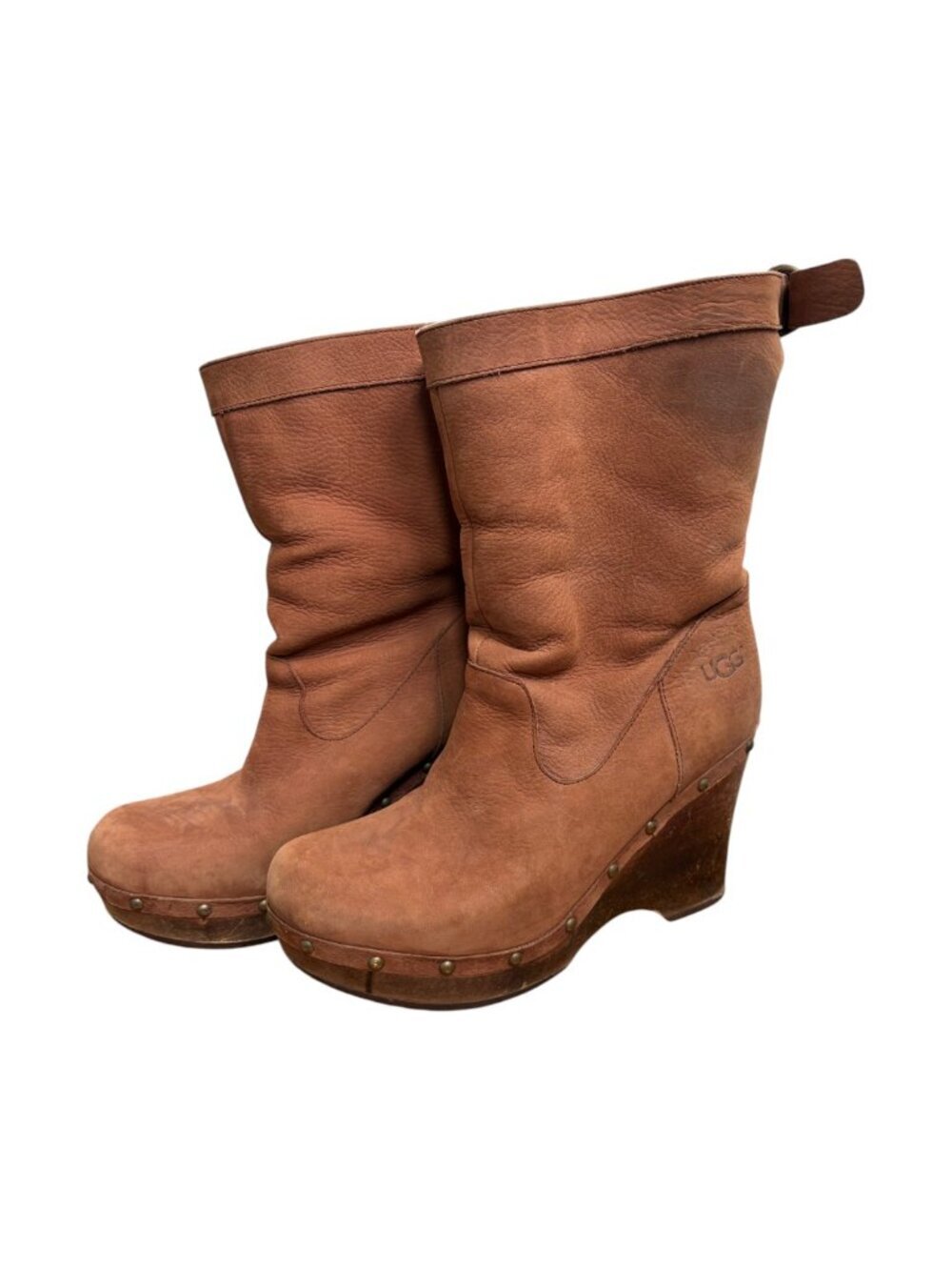 UGG Womens 9 Carnegie Brown Suede Leather Shearling Lined Wedge Heeled Boots - Picture 2 of 12